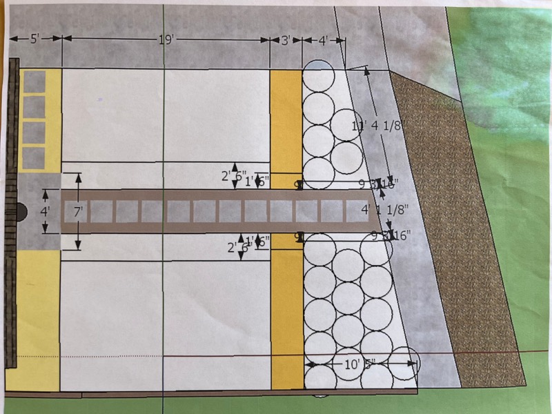 A scaled site plan of the front yard and parkway with dimensions marked in feet and inches.