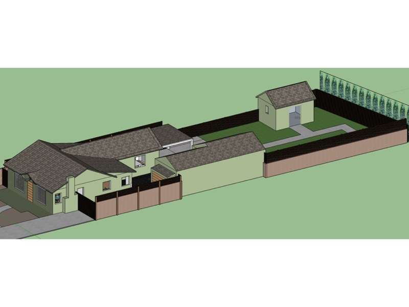A 3D model of the whole property showing the house, the long back yard, the studio, and the fences.